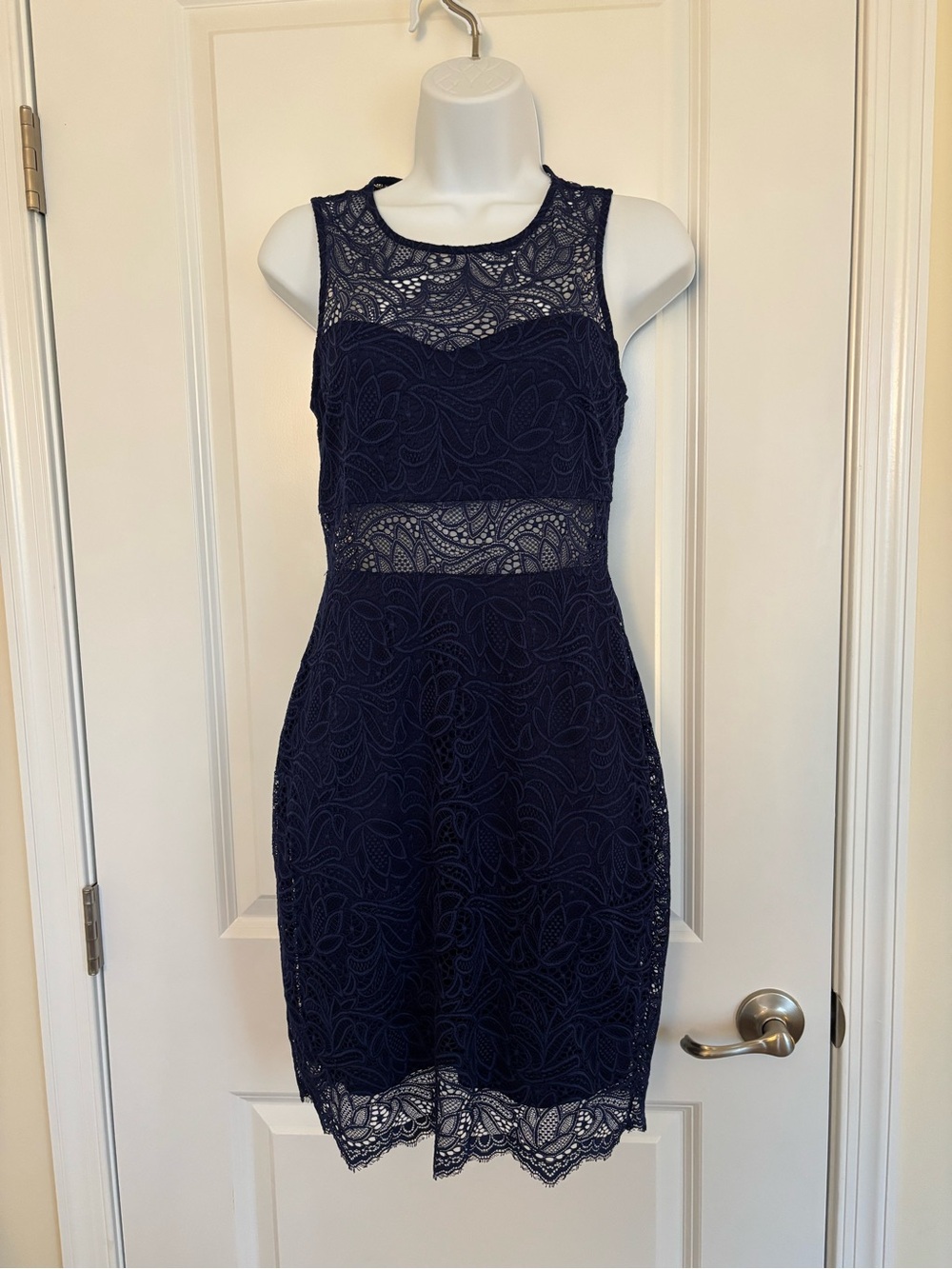 Express Navy Lace Midi Dress with Sheer Insets